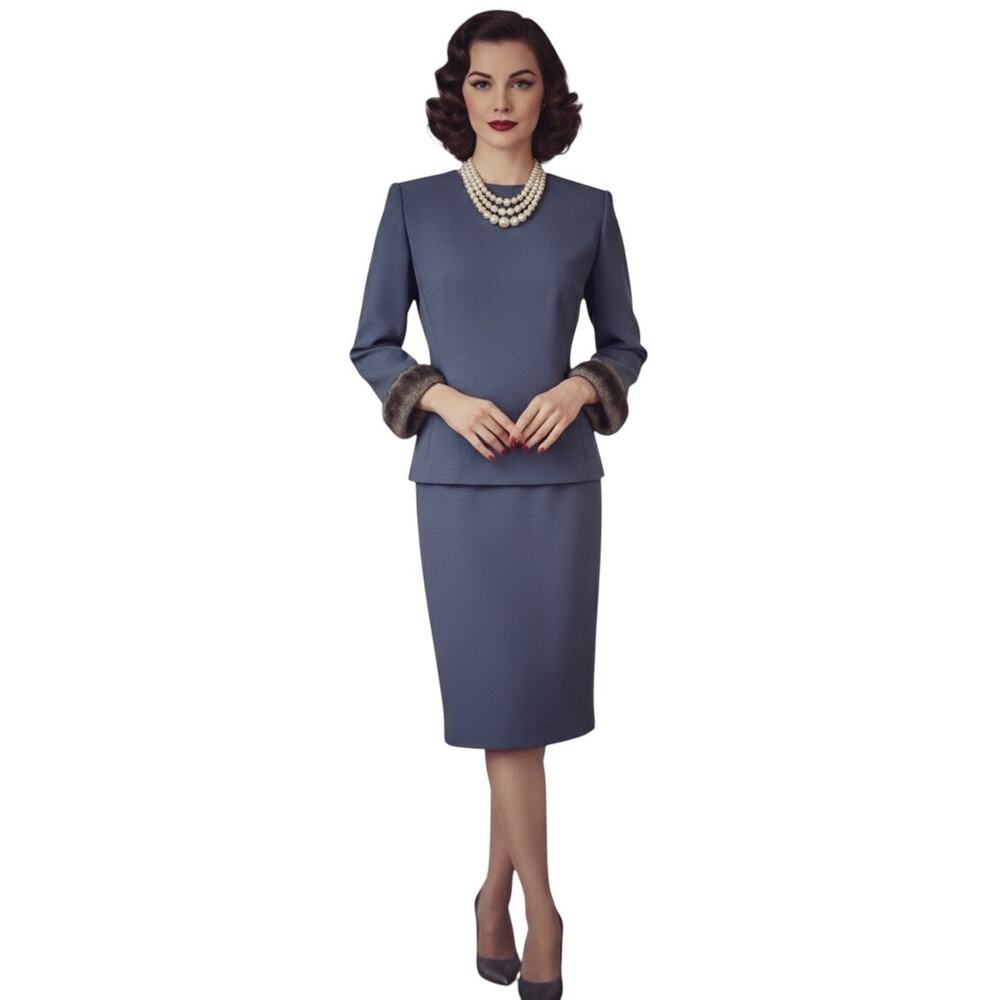 Chetta B Vintage 90's Genuine Mink Trimmed Two Piece Blue Gray Skirt Suit Size 4